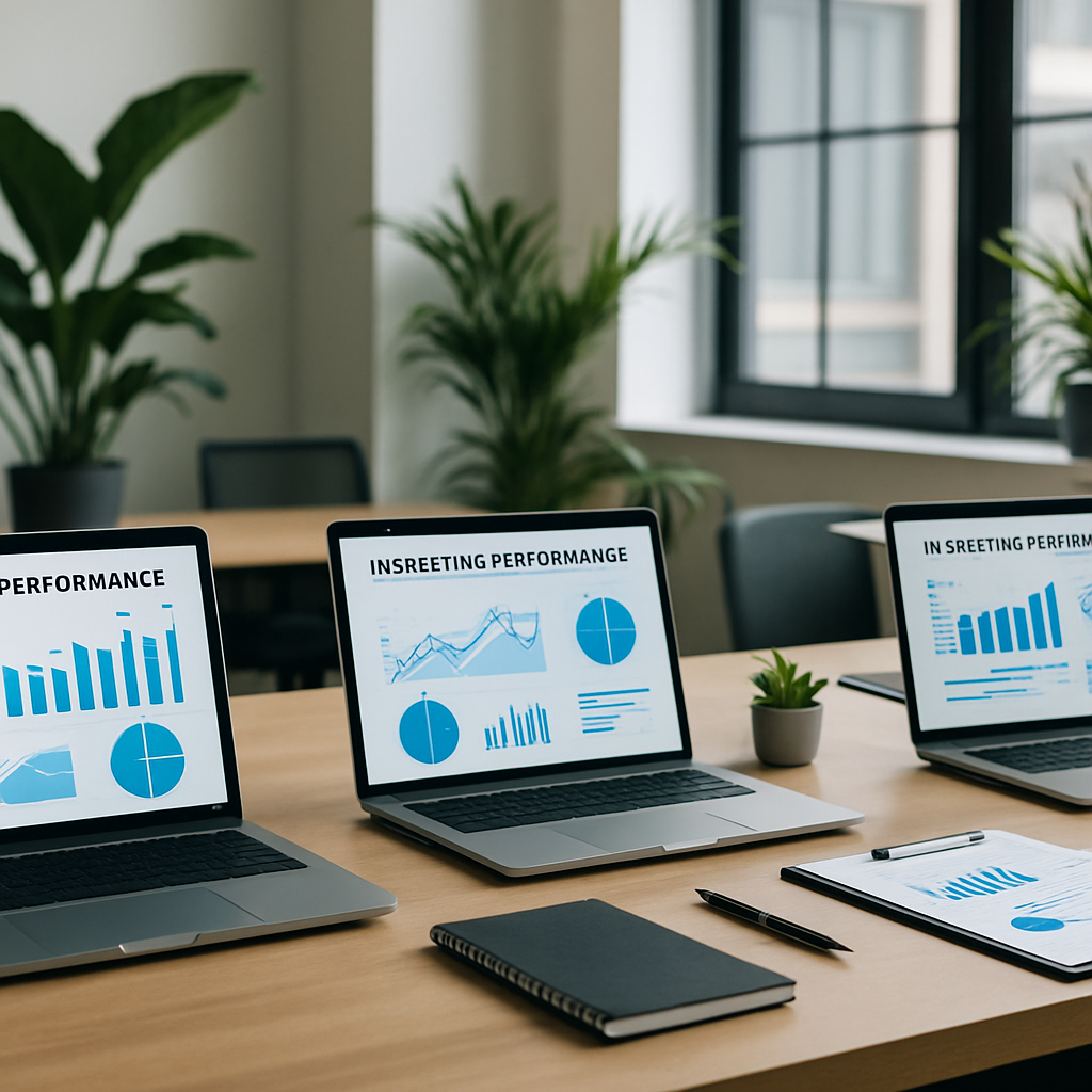 Bureau moderne avec des outils de marketing digital et graphes de performance.