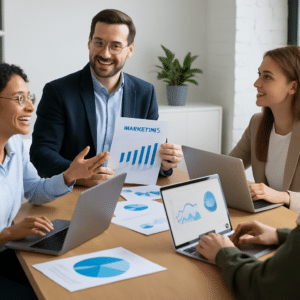 Équipe de marketing digitale en réunion pour discuter de stratégies.
