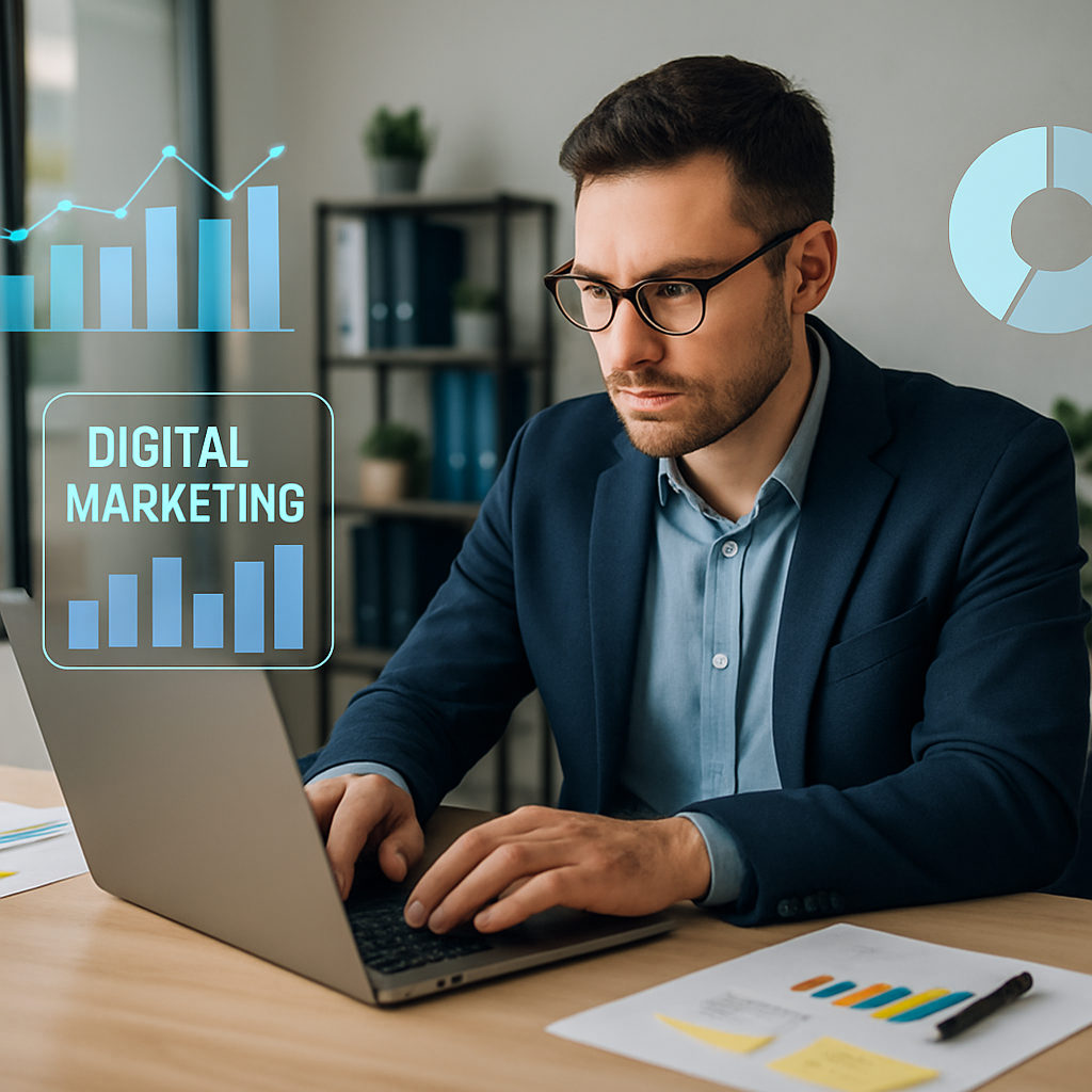 Professionnel du marketing digital analysant des données sur un ordinateur portable dans un bureau moderne.