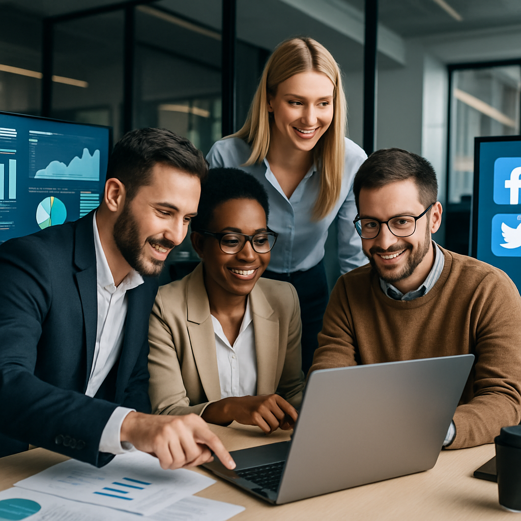 Équipe de marketing digital en action dans un bureau moderne.