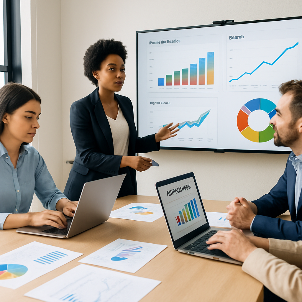 Équipe marketing en réunion avec des graphiques de performance
