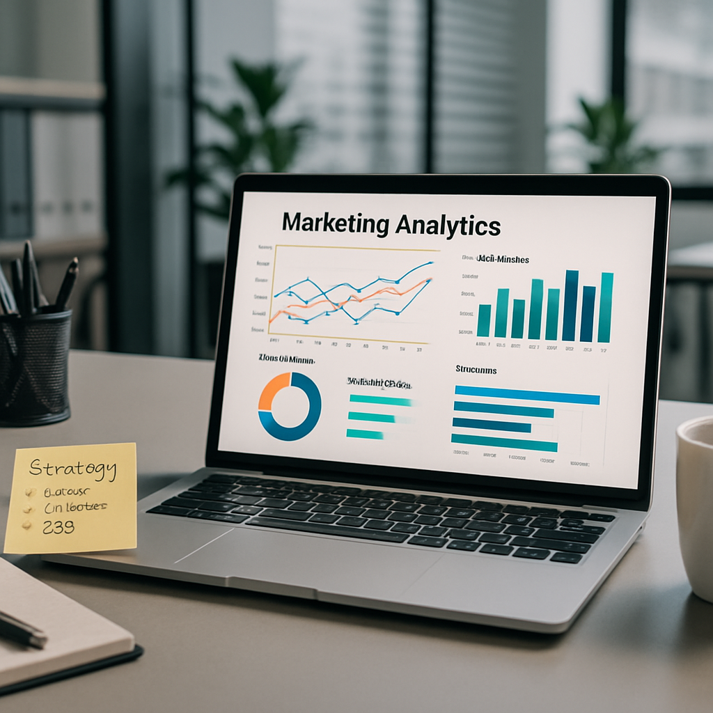 Bureau moderne avec ordinateur et graphiques de marketing digital