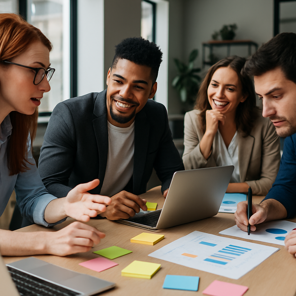 Professionnels discutant de la création de contenus au bureau.