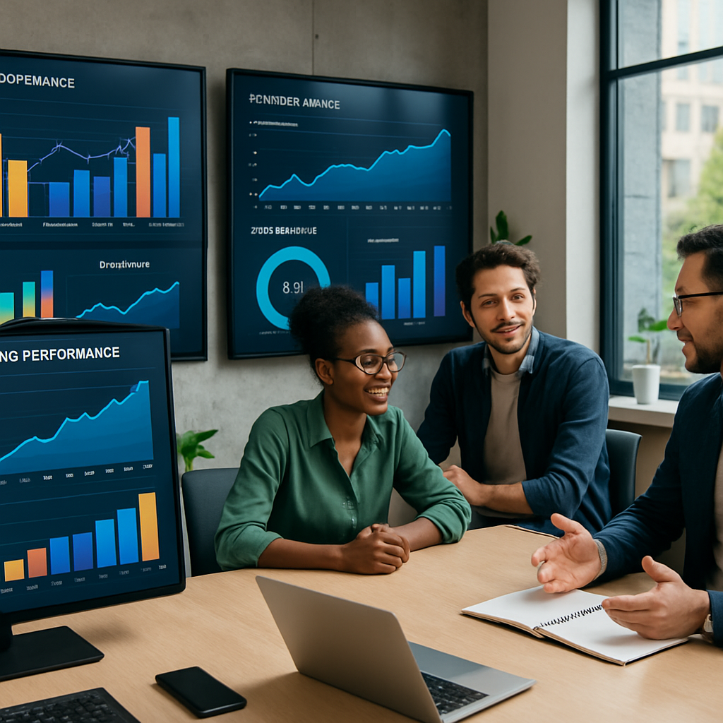 Bureau moderne avec des graphiques de performance marketing et des professionnels en réunion.