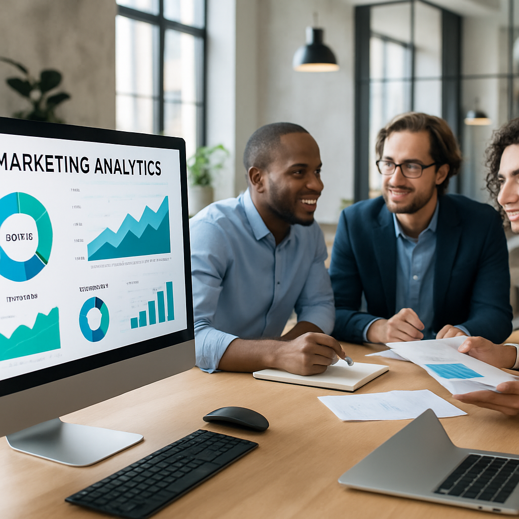 Bureau d'agence de communication digitale avec des graphiques de marketing.